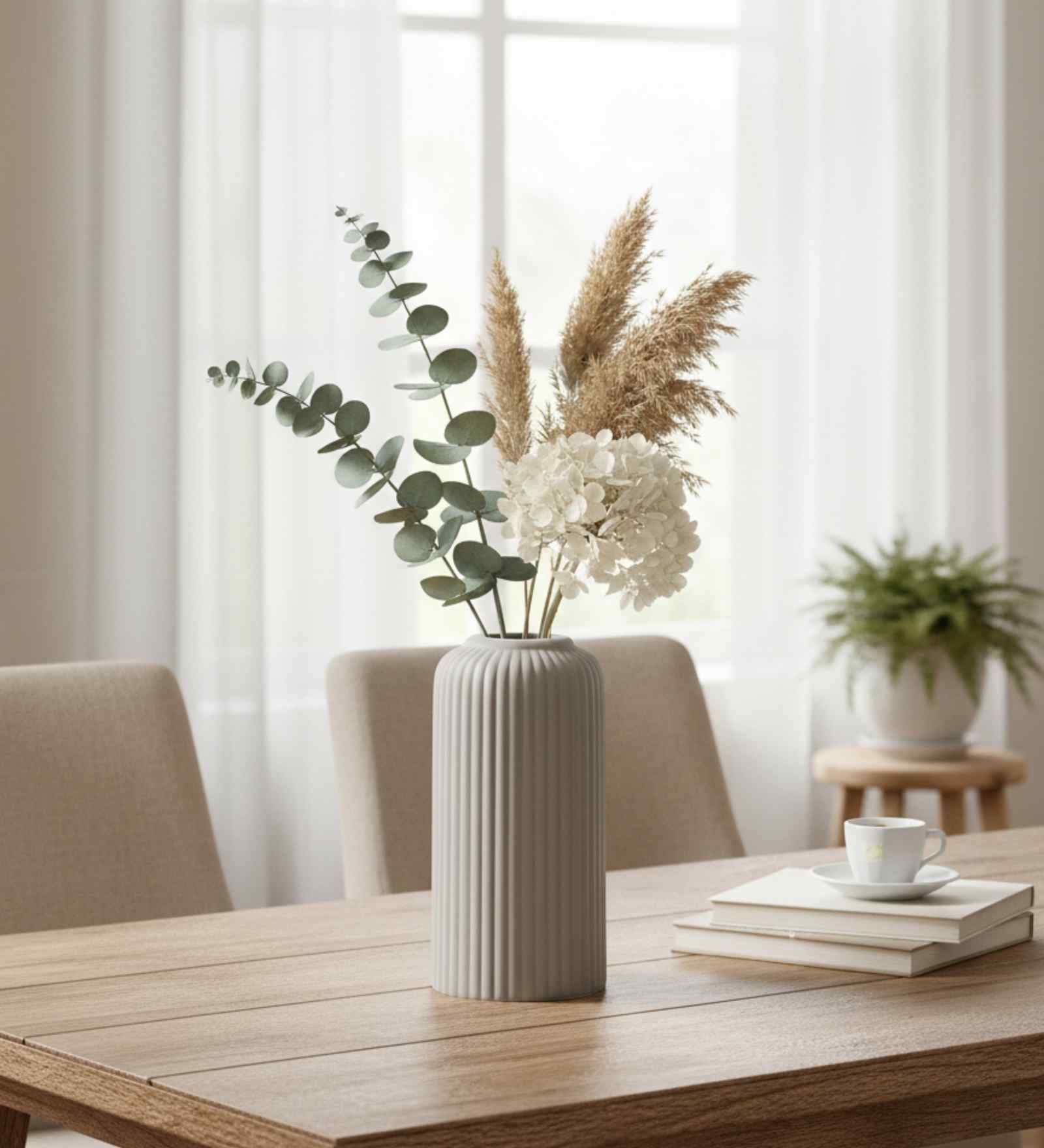 (1Pc) Grey  Ceramic  Ribbed Design Matt Finished 6 Inch  Table Vase