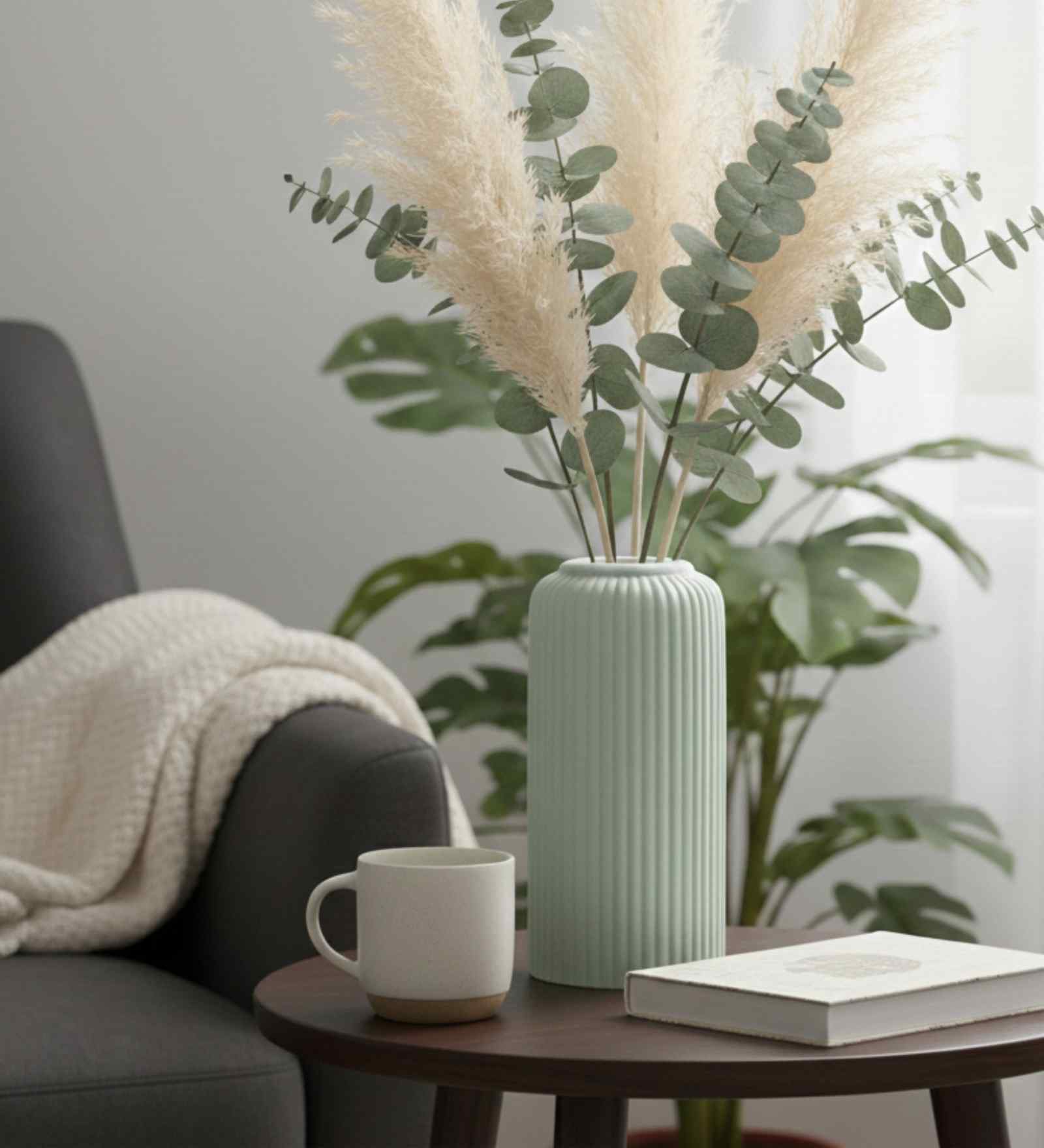 (1Pc) Light Green Ceramic  Ribbed Design Matt Finished 8 Inch  Table Vase