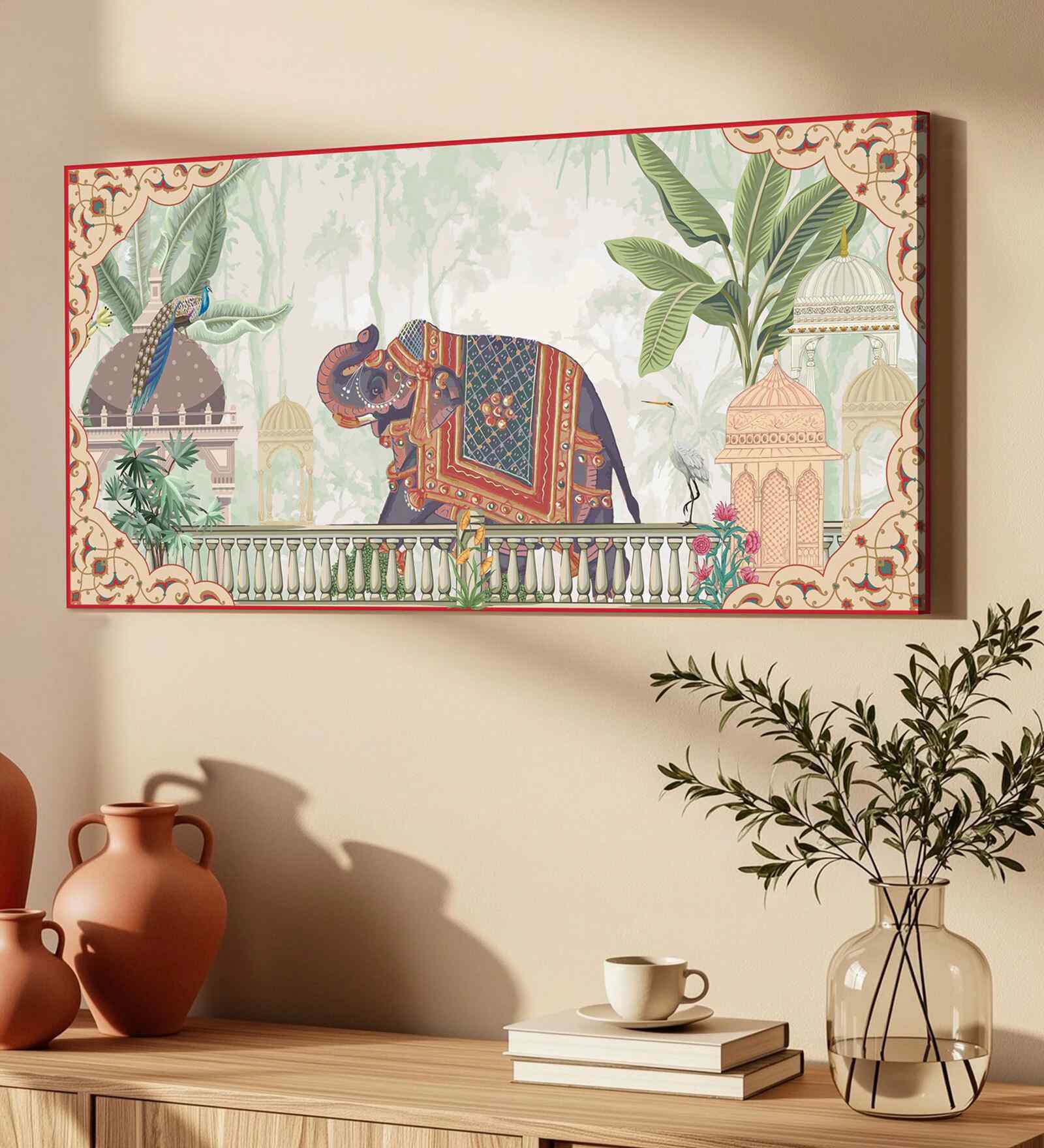 (1Pc) Multicolor Canvas Mughal Elephant Wall Art