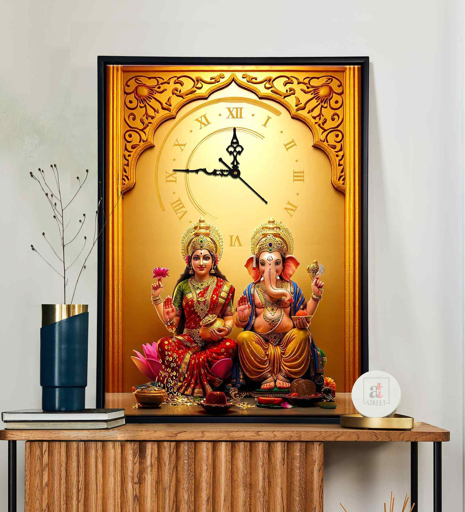 (1Pc) Multicolour Canvas Lakshmi Ganesha Wall Art with Clock