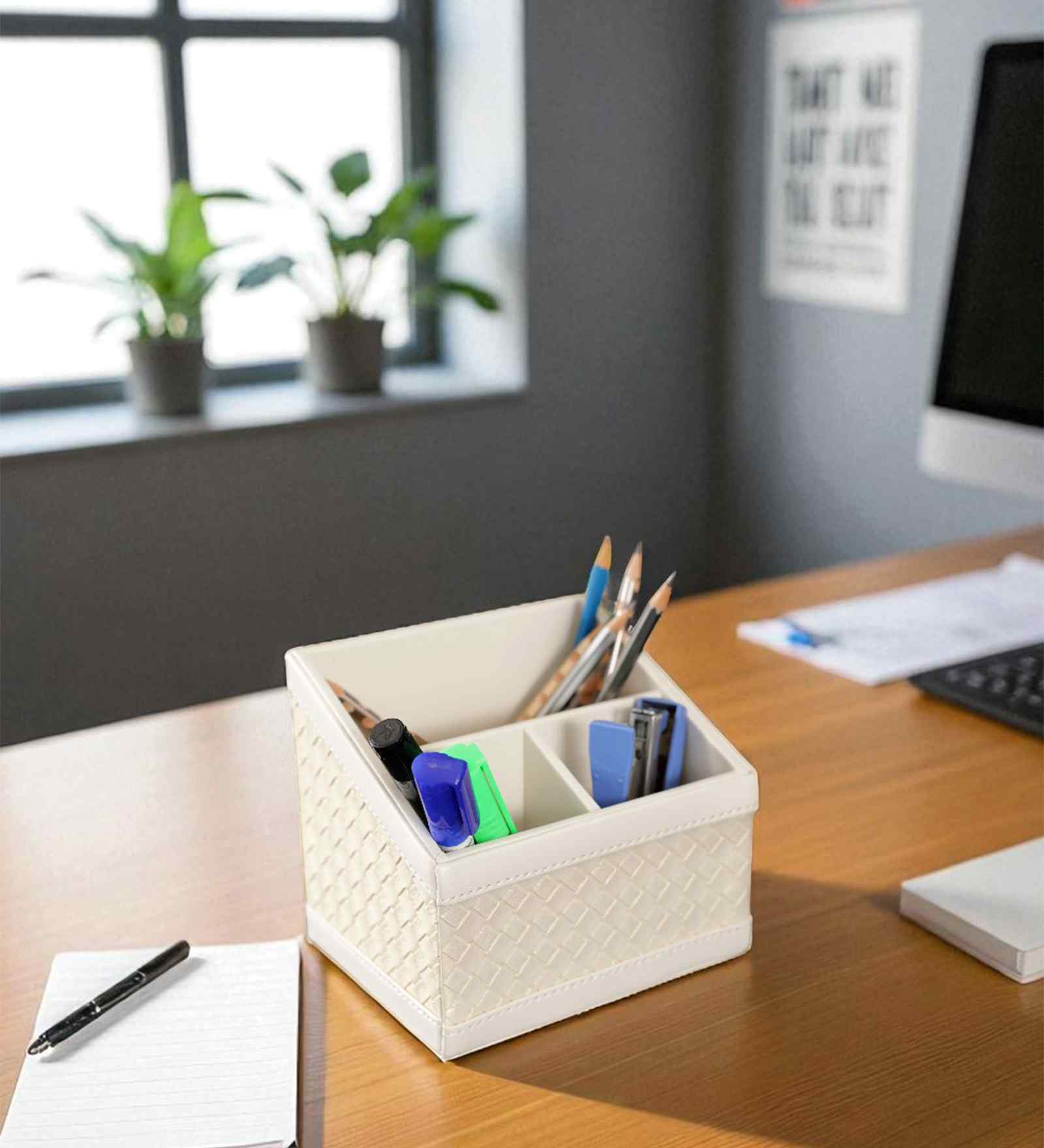 (1Pc) Off-White Faux Leather 3 Compartments Office Tabletop Storage Box