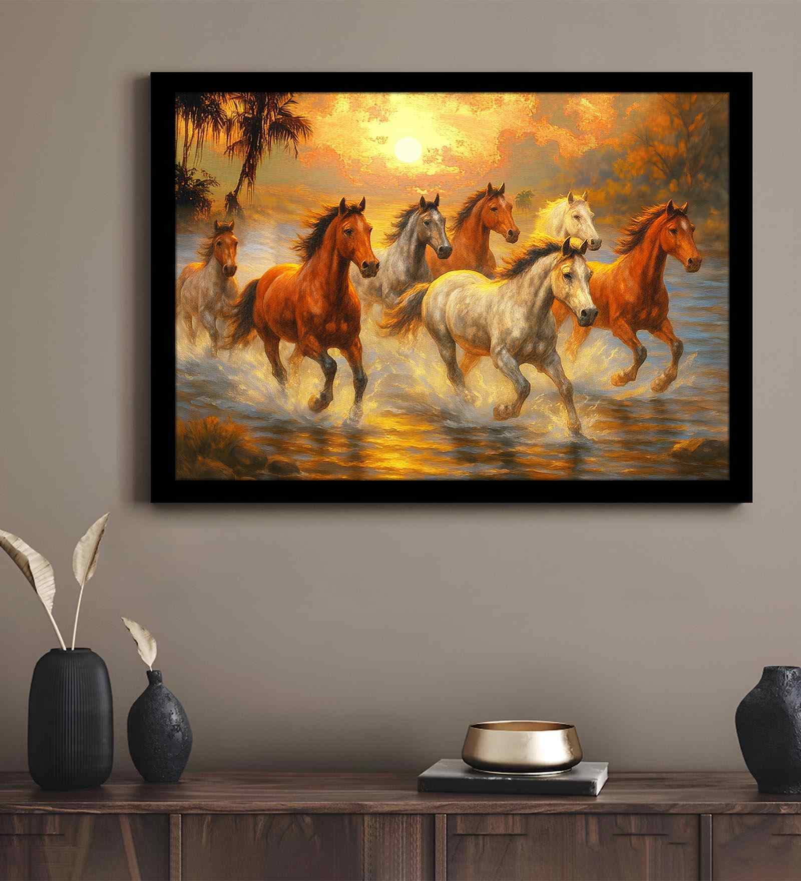 (1Pc) Orange Fibre Running Horses Wall Art