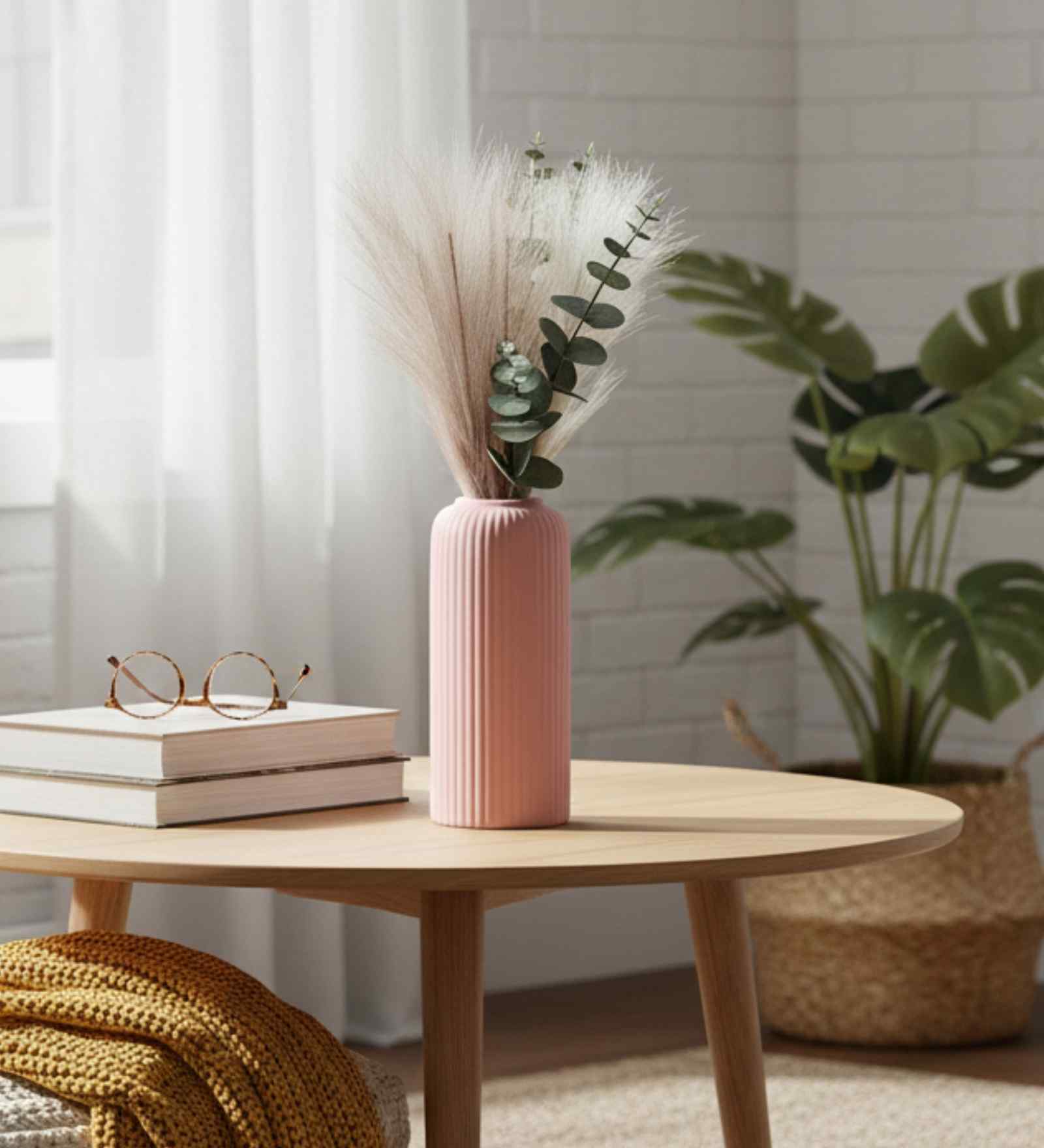 (1Pc) Pink Ceramic  Ribbed Design Matt Finished 8 Inch  Table Vase