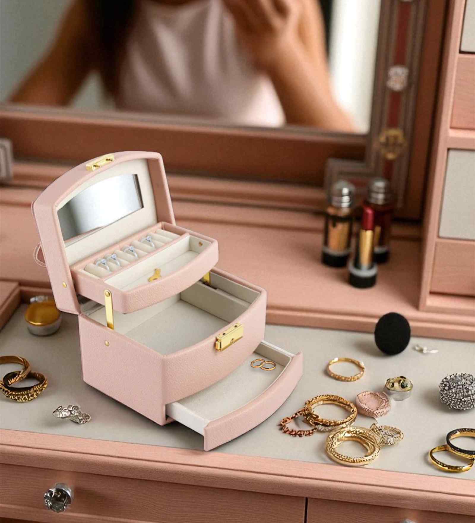 (1Pc) Pink Faux Leather Mirror Multiple Compartments with Lock Jewellery Organizer