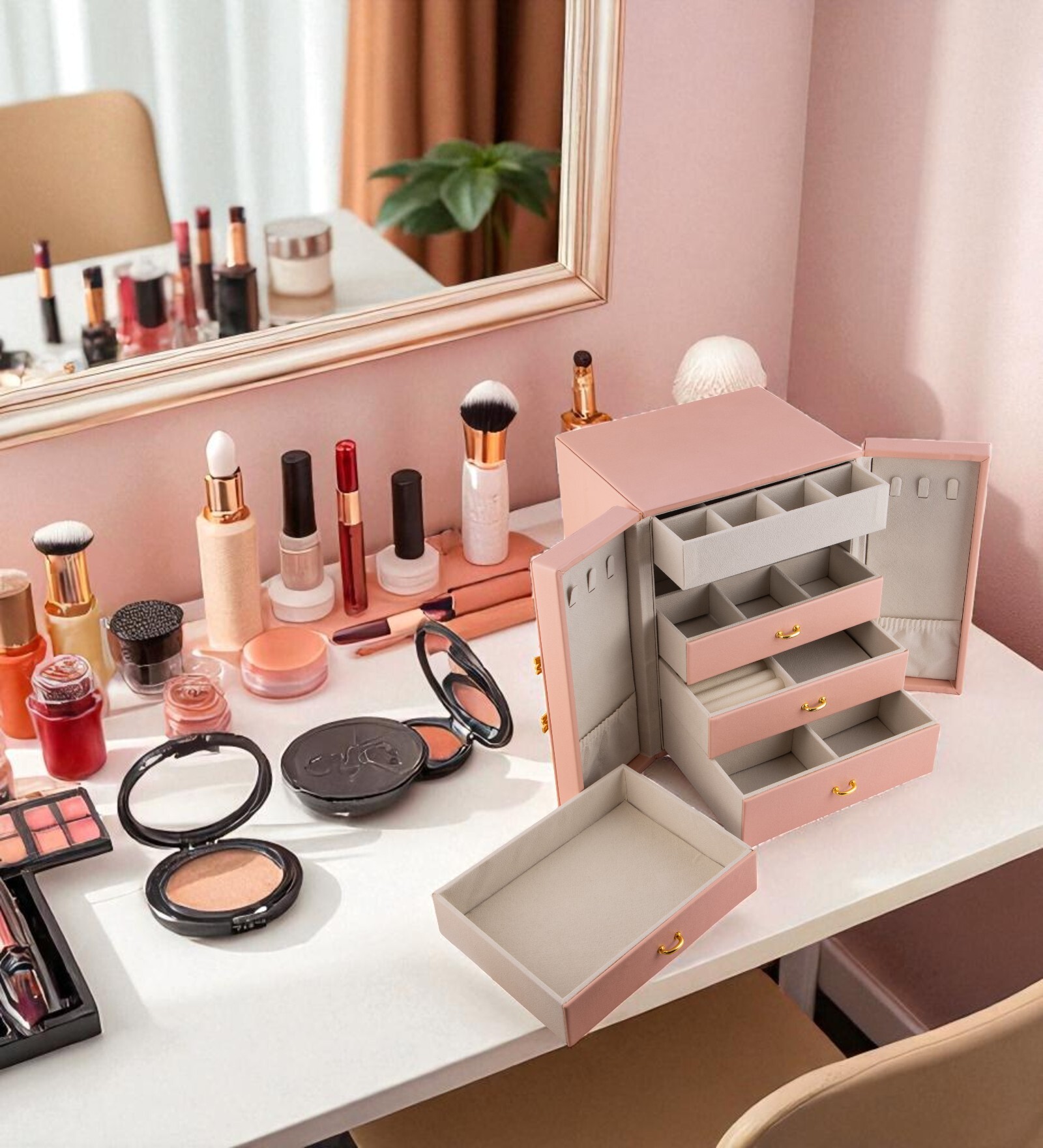 (1Pc) Pink Faux Leather Swing Doors & 5 Drawers with Lock Jewellery Organizer