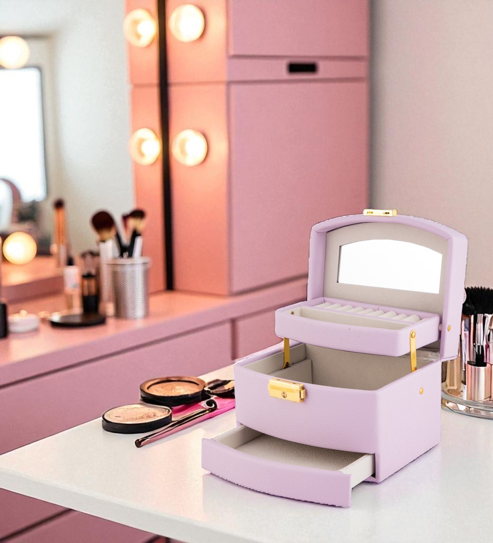 (1Pc) Purple Faux Leather Mirror Multiple Compartments with Lock Jewellery Organizer