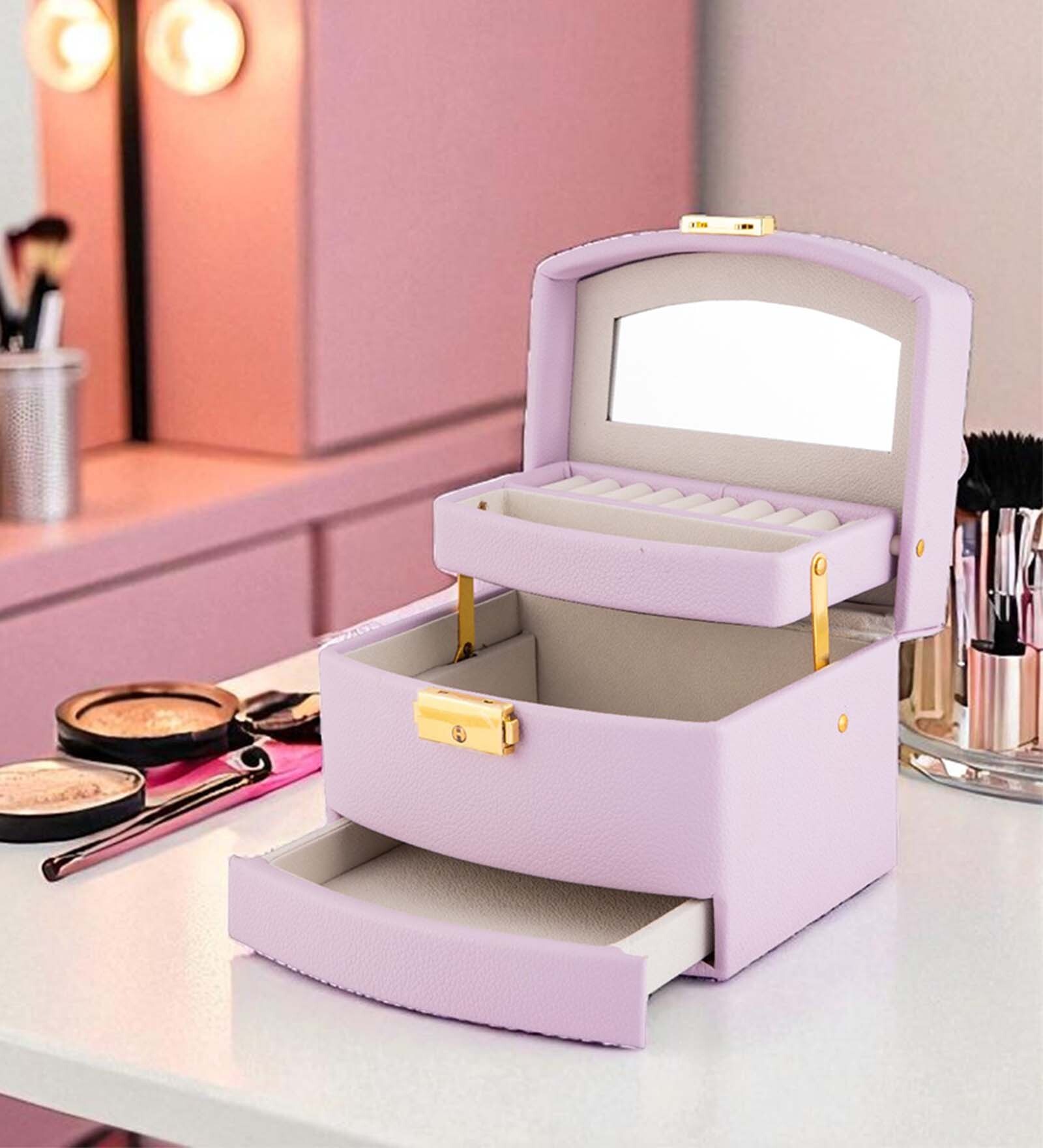 (1Pc) Purple Faux Leather Mirror Multiple Compartments with Lock Jewellery Organizer