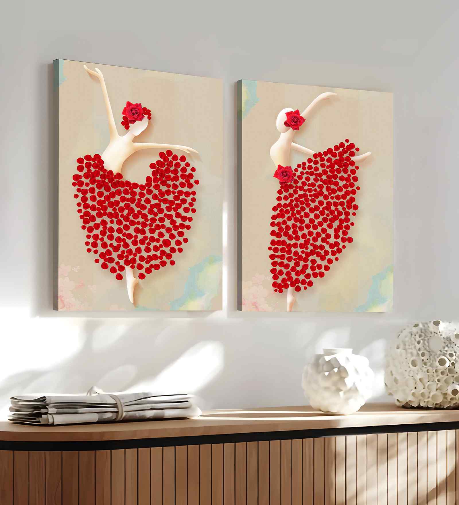 (1Pc) Red Canvas Stretched Floral Wall Art