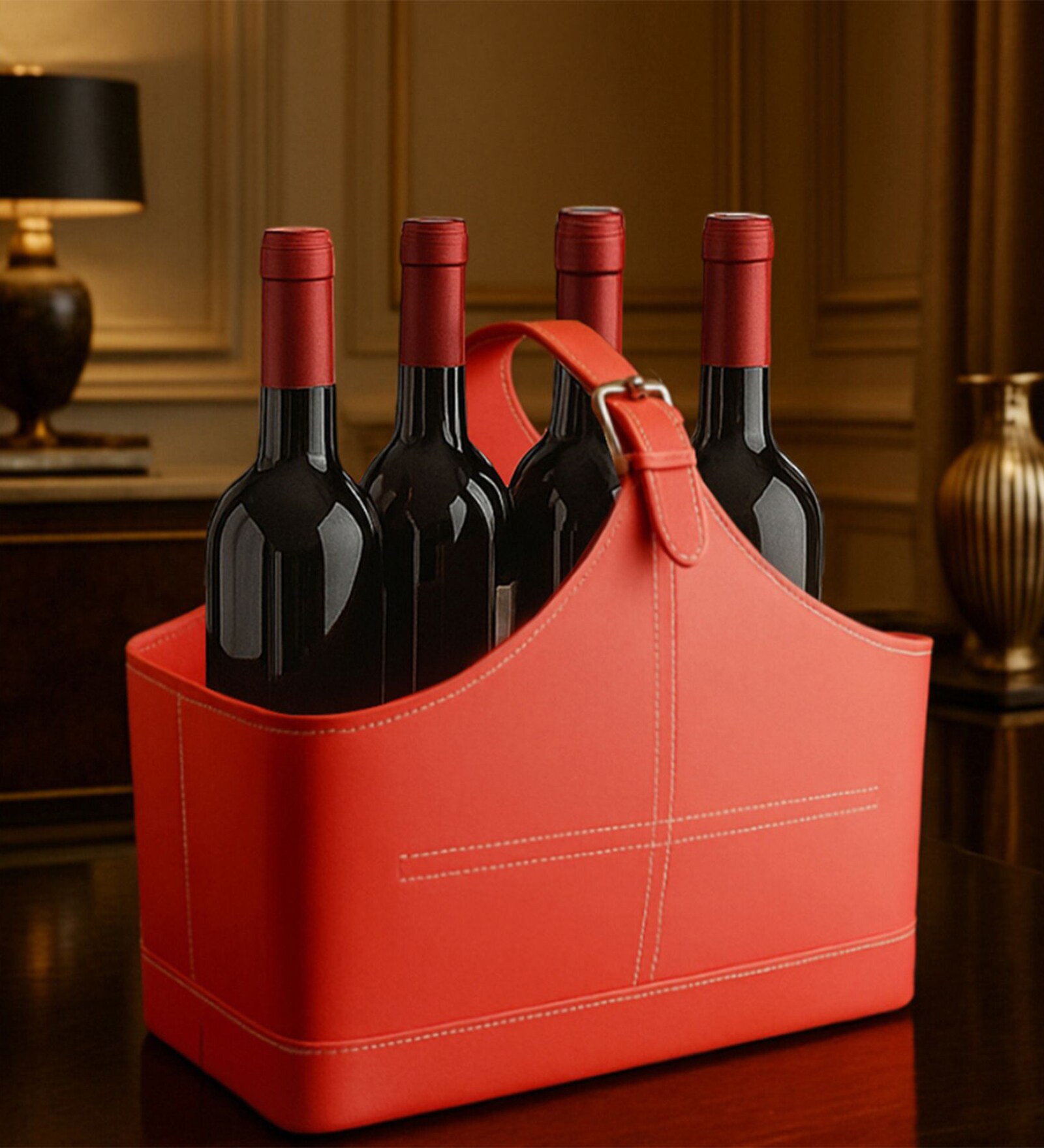 (1Pc) Red Faux Leather Multipurpose Storage & Organizer Basket for Home Office & Gifting
