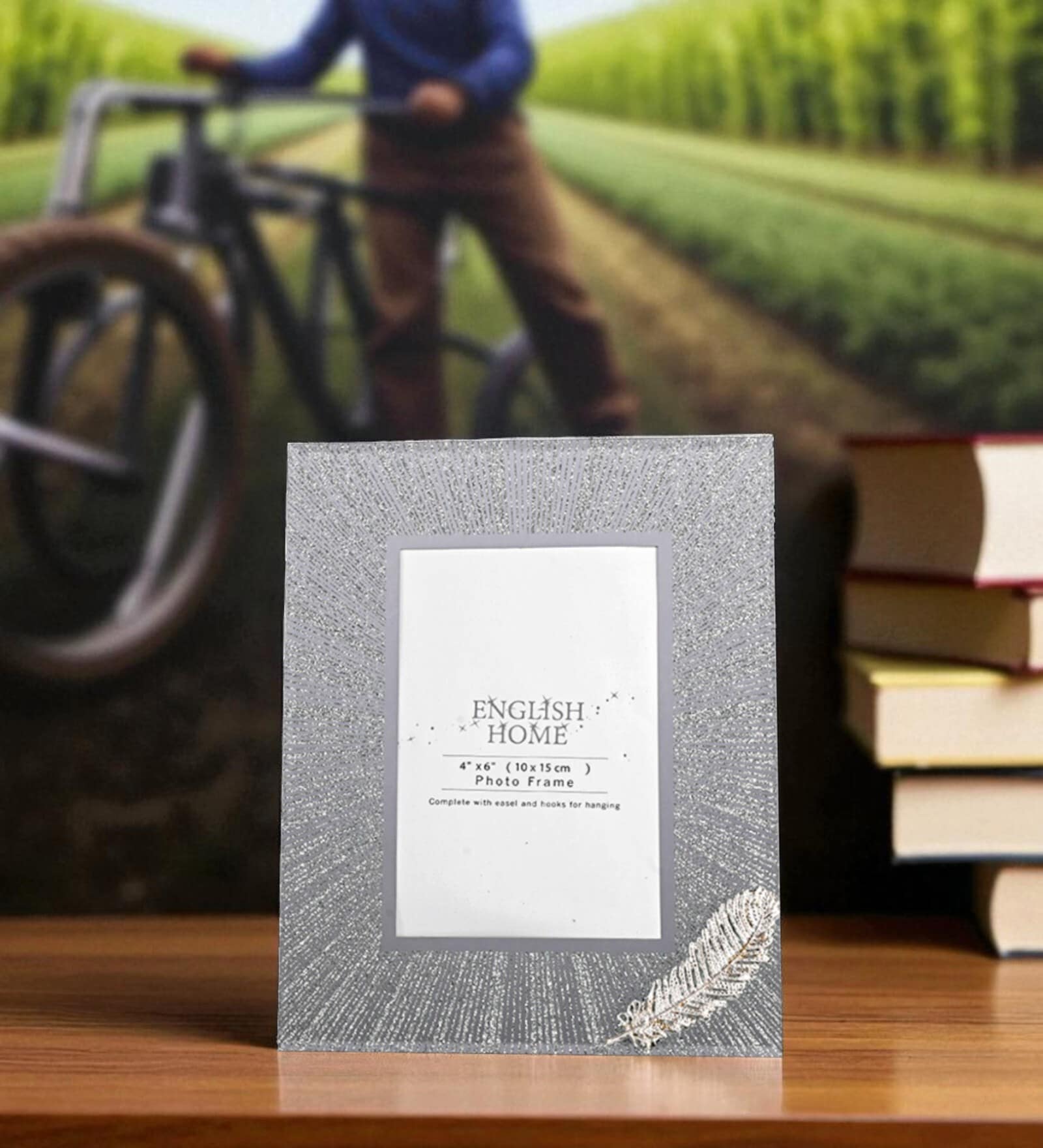 (1Pc) Silver Glass Silver Feather Photo Frame