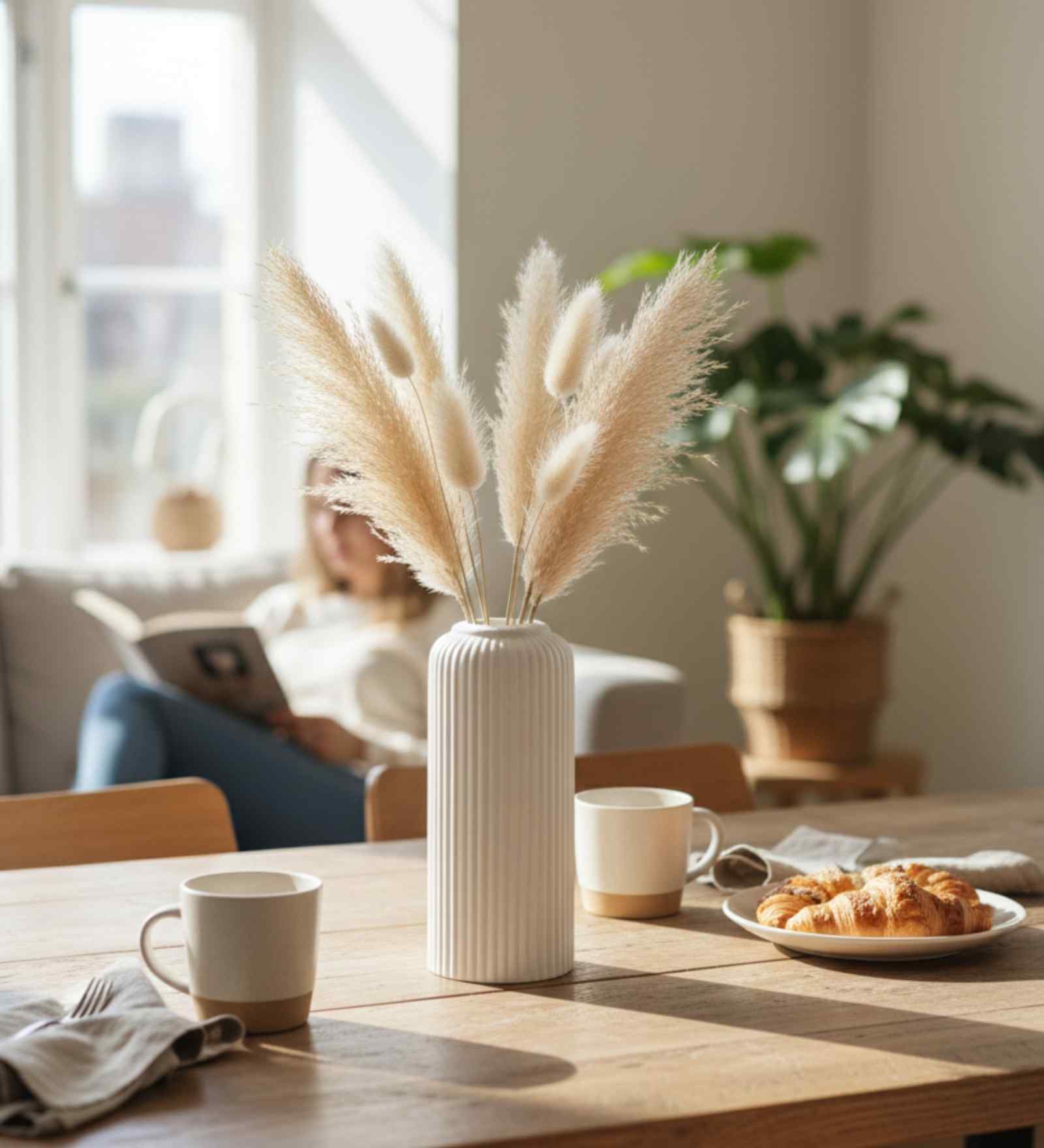 (1Pc) White  Ceramic  Ribbed Design Matt Finished 8 Inch  Table Vase