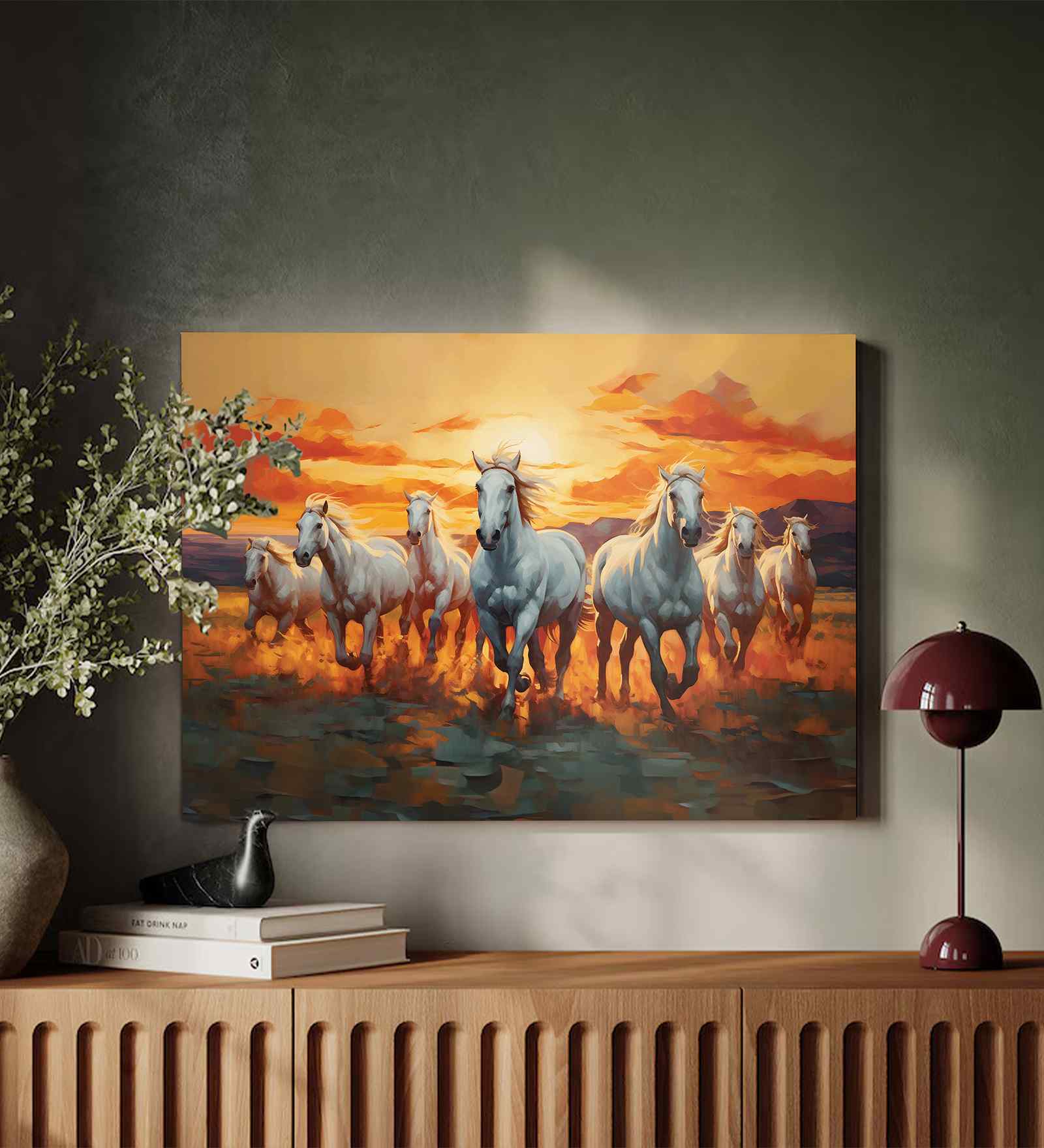 (1Pc) White Canvas Running Horses Wall Art