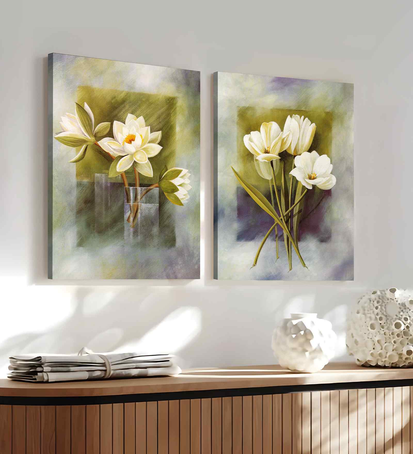 (1Pc) White Canvas Stretched Floral Wall Art