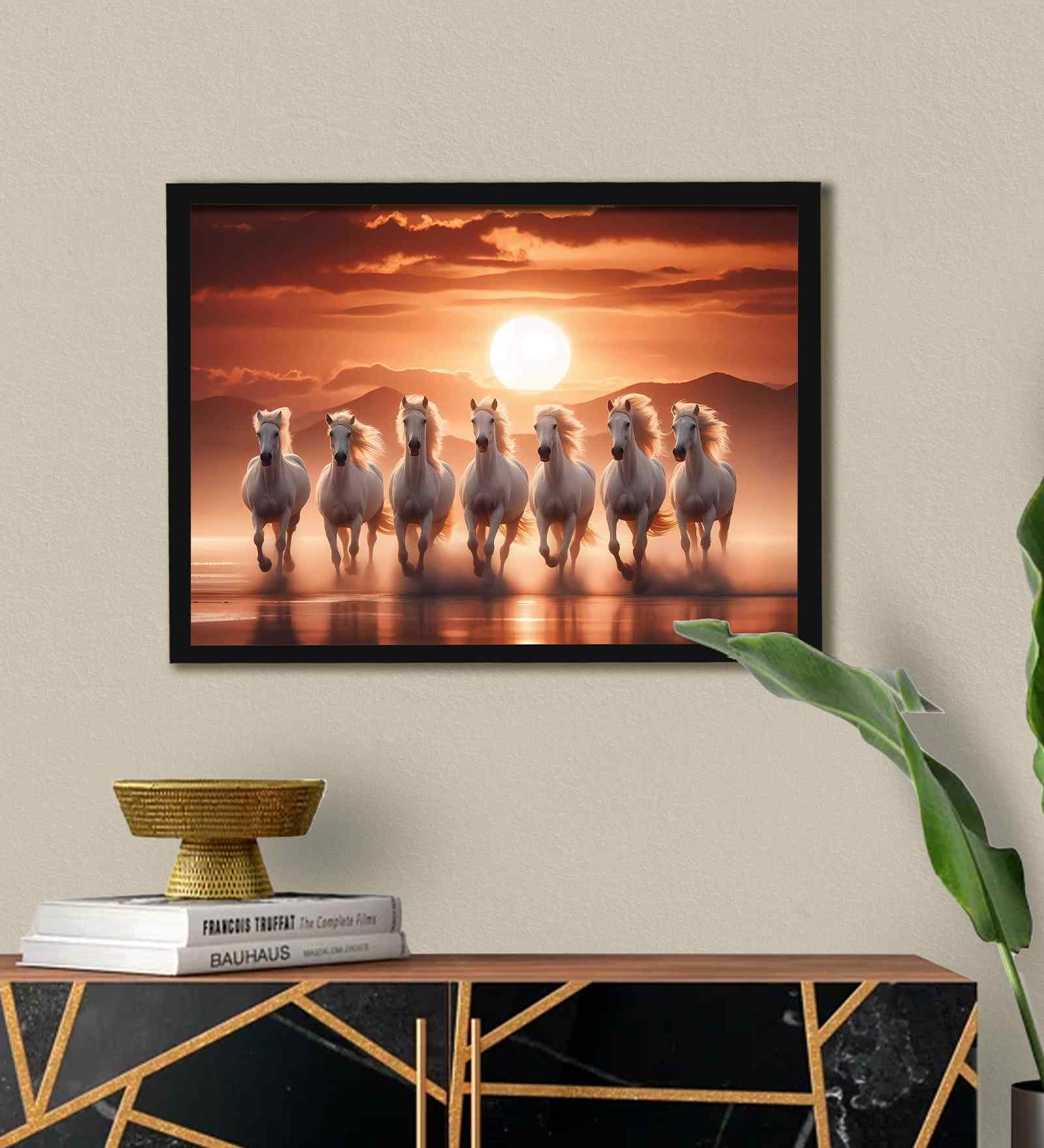 (1Pc) White Fibre Running Horses Wall Art