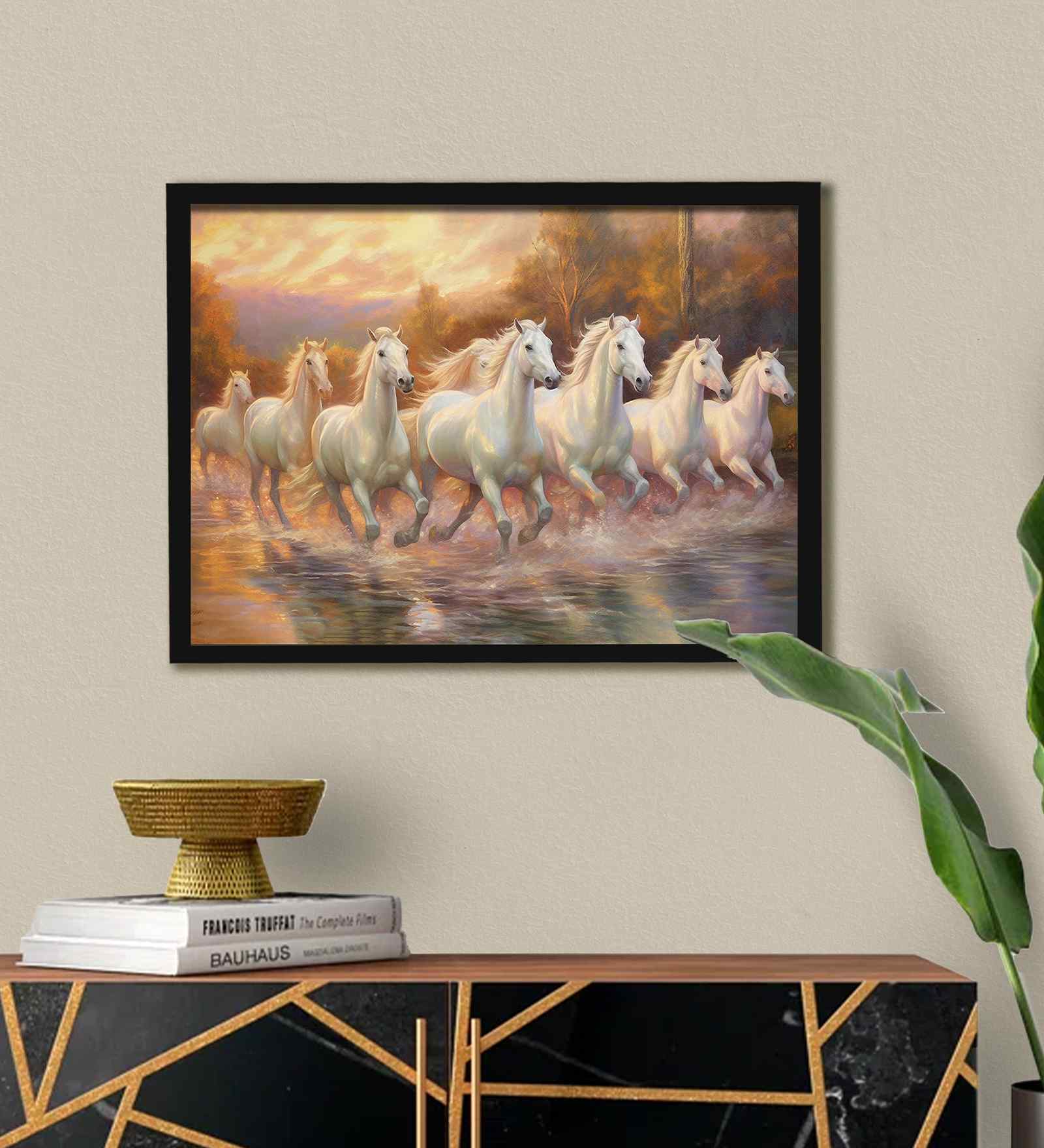 (1Pc) White Fibre Running Horses Wall Art