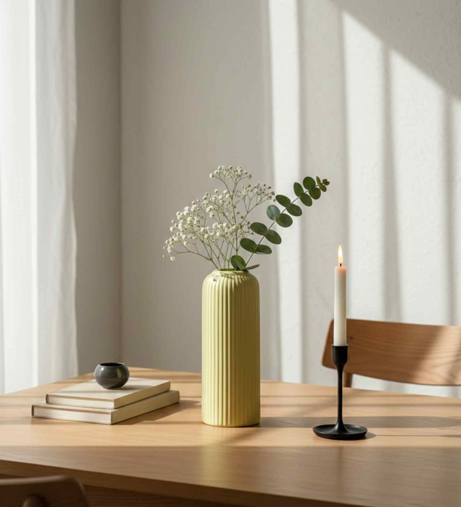 (1Pc) Yellow Ceramic  Ribbed Design Matt Finished 10 Inch  Table Vase