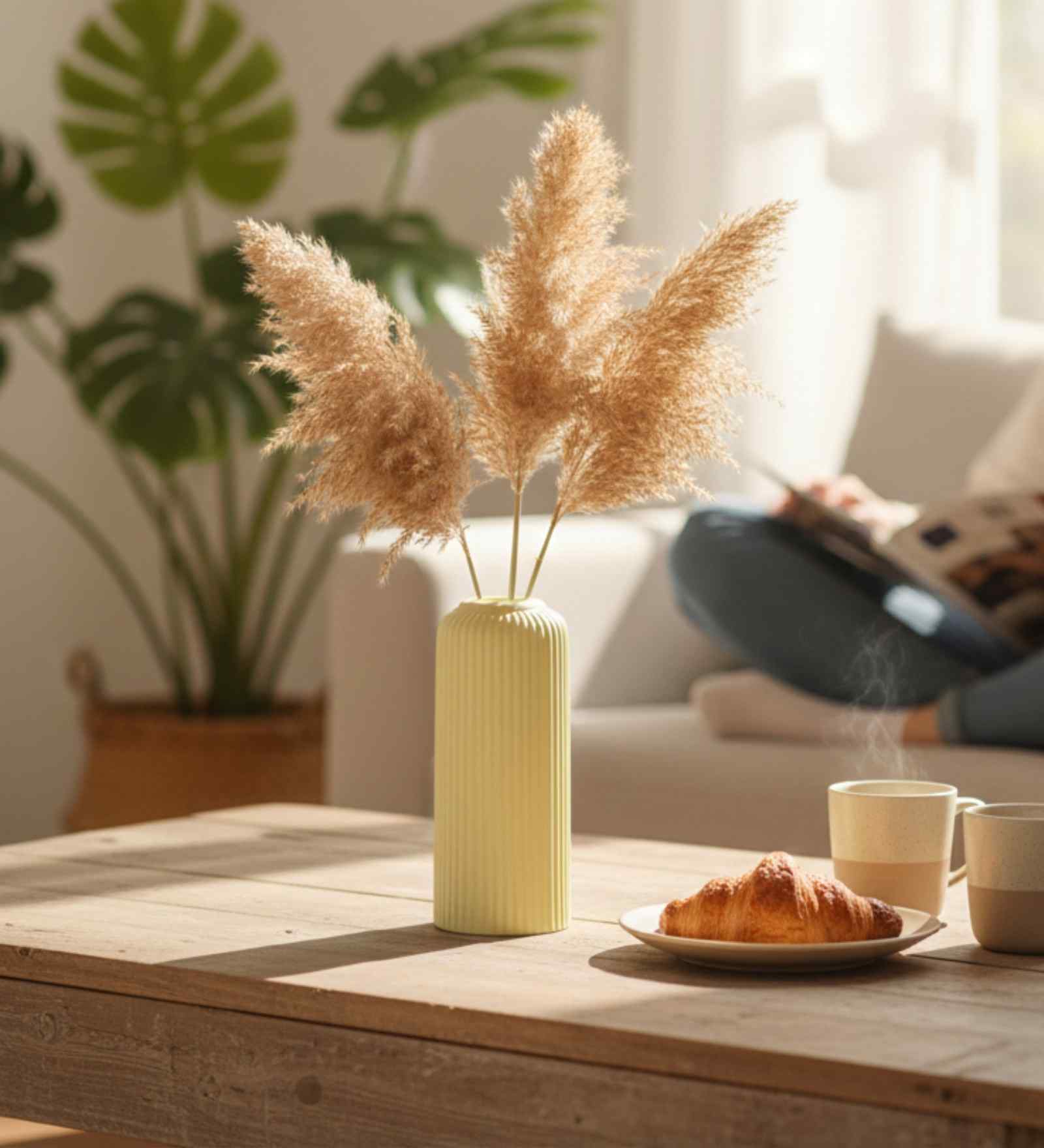 (1Pc) Yellow Ceramic  Ribbed Design Matt Finished 8 Inch  Table Vase