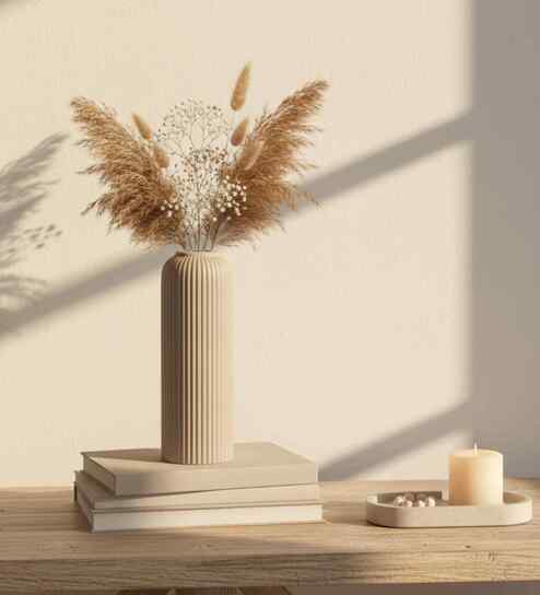 (1Pc) Beige Ceramic  Ribbed Design Matt Finished 10 Inch  Table Vase