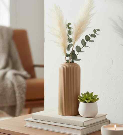 (1Pc) Beige Ceramic  Ribbed Design Matt Finished 8 Inch  Table Vase