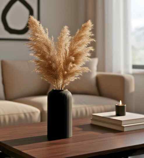 (1Pc) Black Ceramic  Ribbed Design Matt Finished 6 Inch  Table Vase