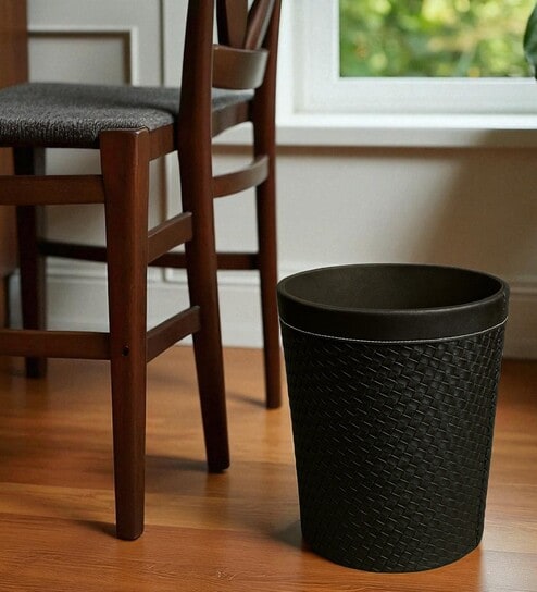 (1Pc) Black Faux Leather Open Top Office and Home Dustbin