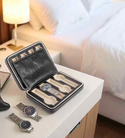 (1Pc) Black Faux Leather Watch Organizer Case for Men Women