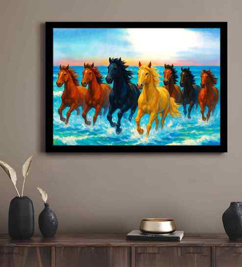 (1Pc) Blue Fibre Running Horses Wall Art