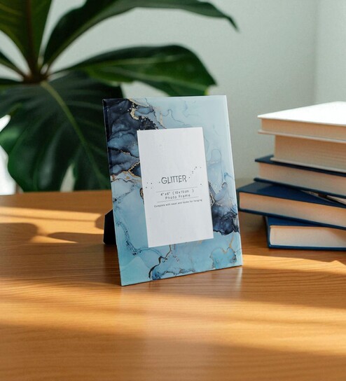 (1Pc) Blue Wooden Shades-Blue Marble Glass Photo Frame