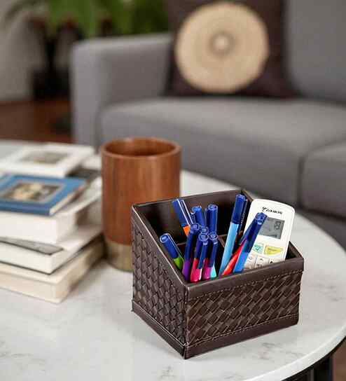 (1Pc) Brown Faux Leather 3 Compartments Office Tabletop Storage Box