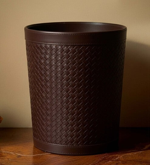 (1Pc) Brown Faux Leather Open Top Office and Home Dustbin