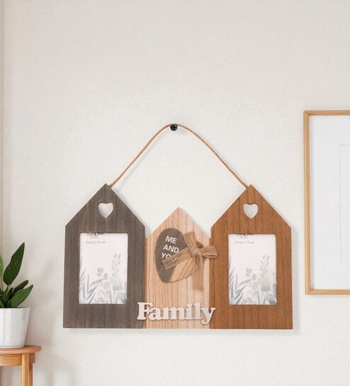 (1Pc) Brown Glass Wooden Family Wall Hanging Photo Frame