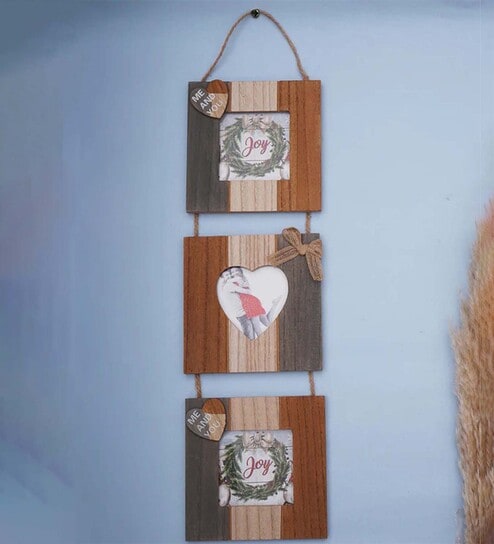 (1Pc) Brown Glass Wooden Wall Hanging Photo Frame