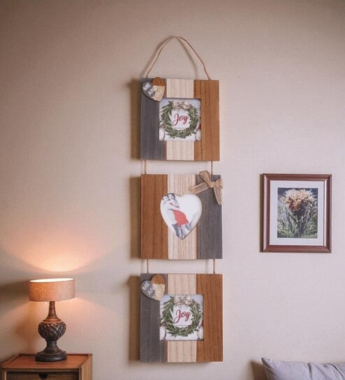 (1Pc) Brown Glass Wooden Wall Hanging Photo Frame