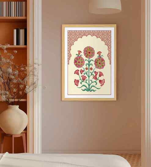 (1Pc) Cream Fibre Mughal Floral Wall Art