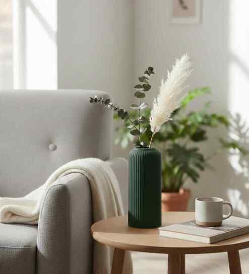 (1Pc) Dark Green  Ceramic  Ribbed Design Matt Finished 8 Inch  Table Vase