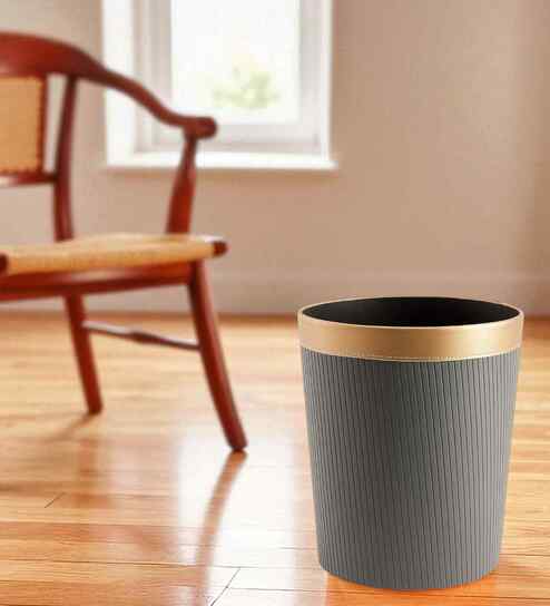 (1Pc) Gray Faux Leather Open Top Office and Home Dustbin