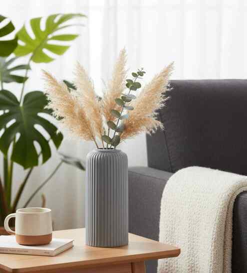 (1Pc) Grey  Ceramic  Ribbed Design Matt Finished 8 Inch  Table Vase