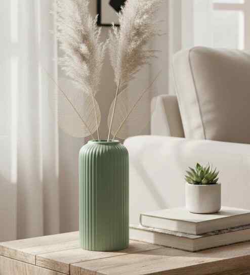 (1Pc) Light Green Ceramic  Ribbed Design Matt Finished 6 Inch  Table Vase