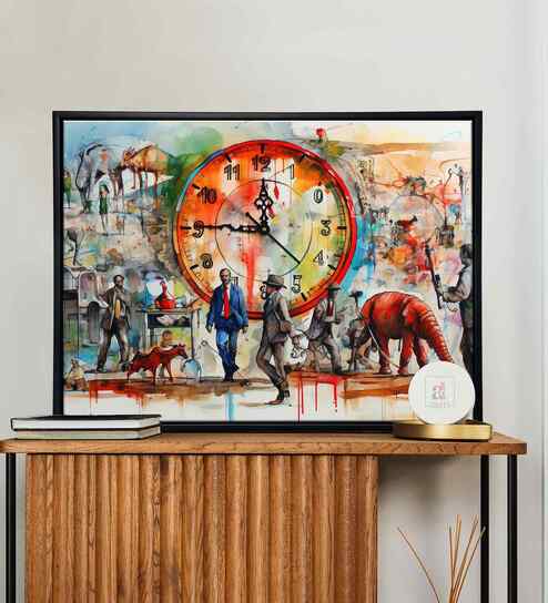 (1Pc) Multicolour Canvas Framed Abstract Wall Art with Clock