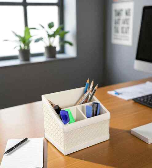 (1Pc) Off-White Faux Leather 3 Compartments Office Tabletop Storage Box