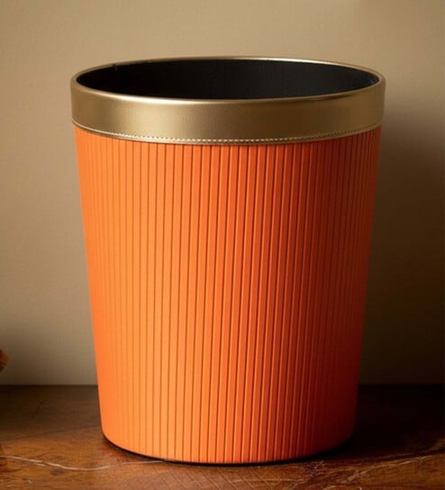 (1Pc) Orange Faux Leather Open Top Office and Home Dustbin