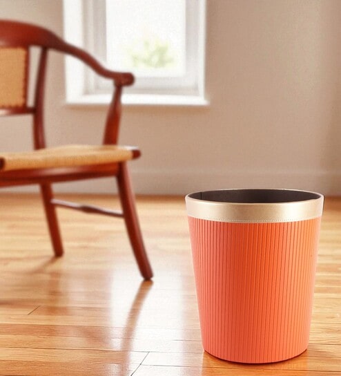 (1Pc) Orange Faux Leather Open Top Office and Home Dustbin