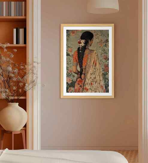 (1Pc) Orange Fibre Madhubani Floral Wall Art