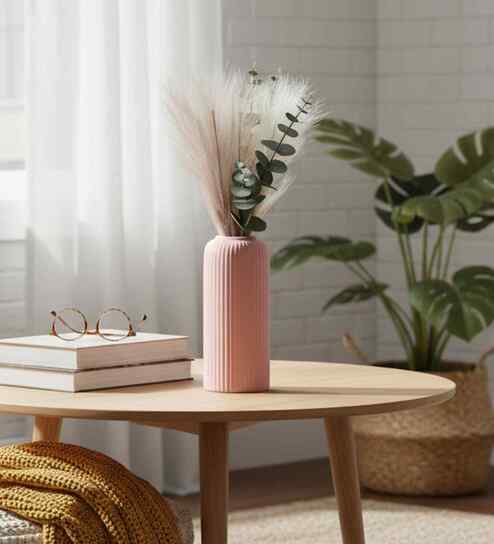 (1Pc) Pink Ceramic  Ribbed Design Matt Finished 8 Inch  Table Vase