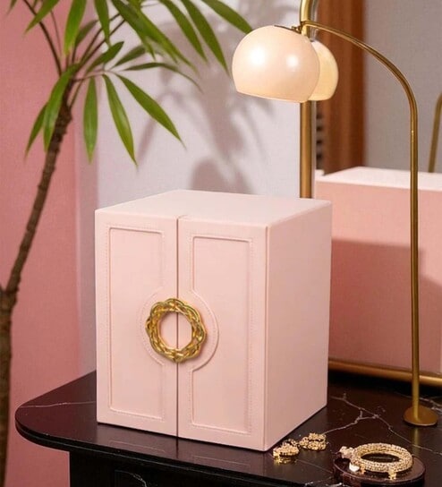 (1Pc) Pink Faux Leather Swing Doors & 5 Drawers with Lock Jewellery Organizer