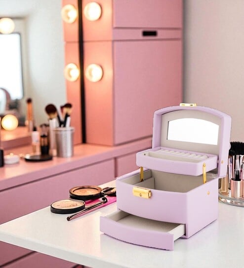 (1Pc) Purple Faux Leather Mirror Multiple Compartments with Lock Jewellery Organizer