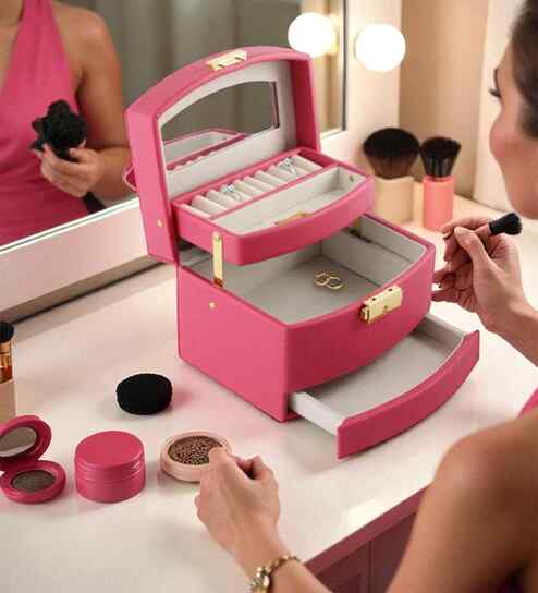 (1Pc) Red Faux Leather Mirror Multiple Compartments with Lock Jewellery Organizer