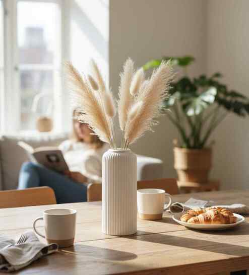 (1Pc) White  Ceramic  Ribbed Design Matt Finished 8 Inch  Table Vase