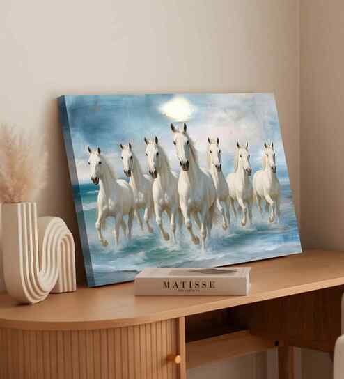 (1Pc) White Canvas Running Horses Wall Art