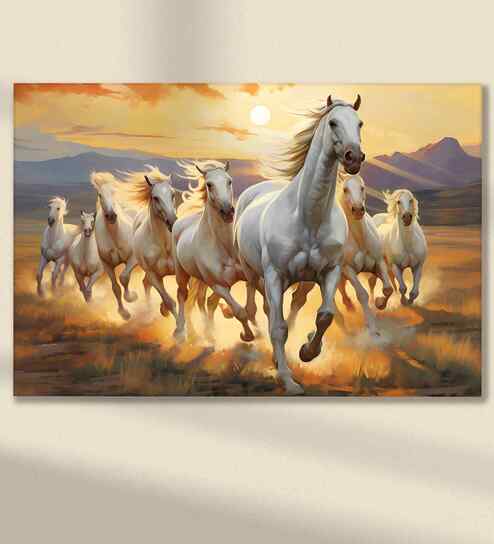 (1Pc) White Canvas Running Horses Wall Art